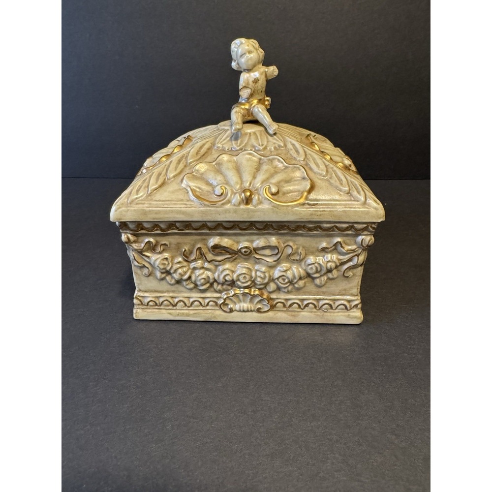 Vintage 1964 Hand Painted Ceramic Cherub Jewelry Trinket Box Ivory Gold Decor
